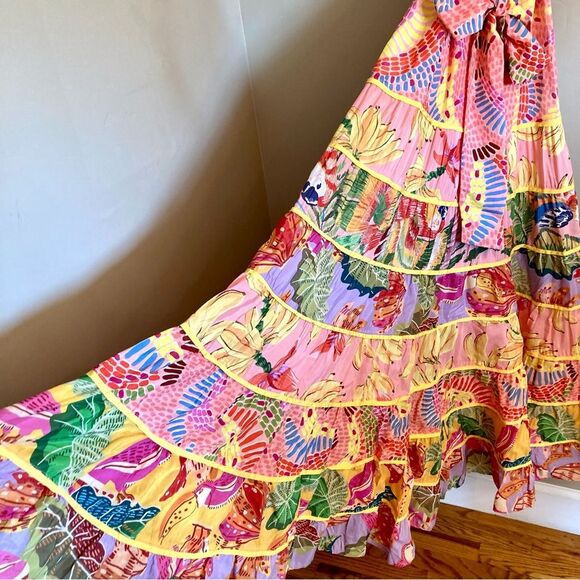 NEW FARM Rio Mixed Pink Prints Maxi Dress Fruit Tiered Crossback Belt Size L - Picture 11 of 16